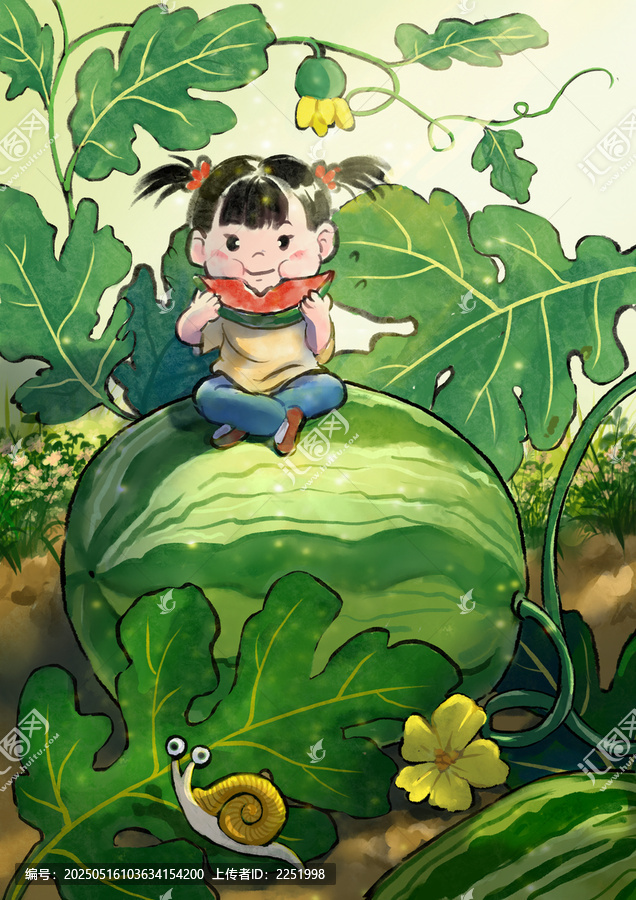 手繪風夏日吃西瓜的小女孩