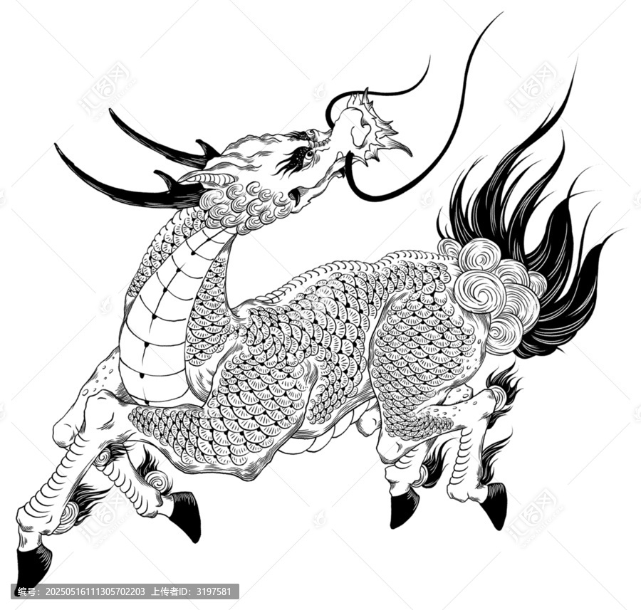 傳統(tǒng)中式麒麟黑白線稿圖
