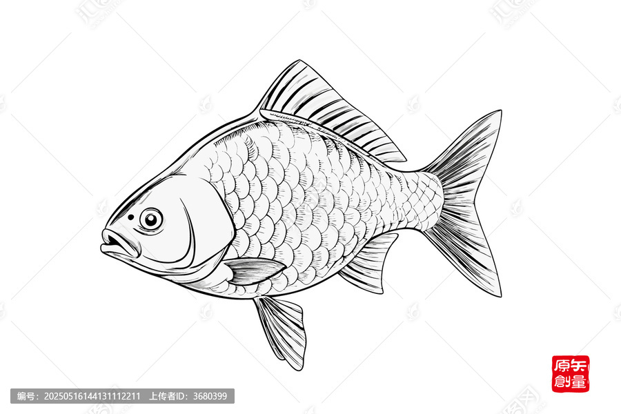 黑白線條勾勒的鯽魚圖案