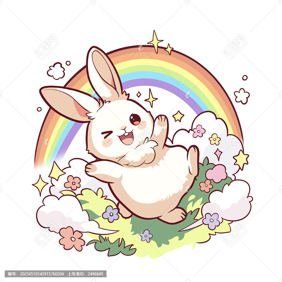 彩虹下歡快跳躍的萌兔子