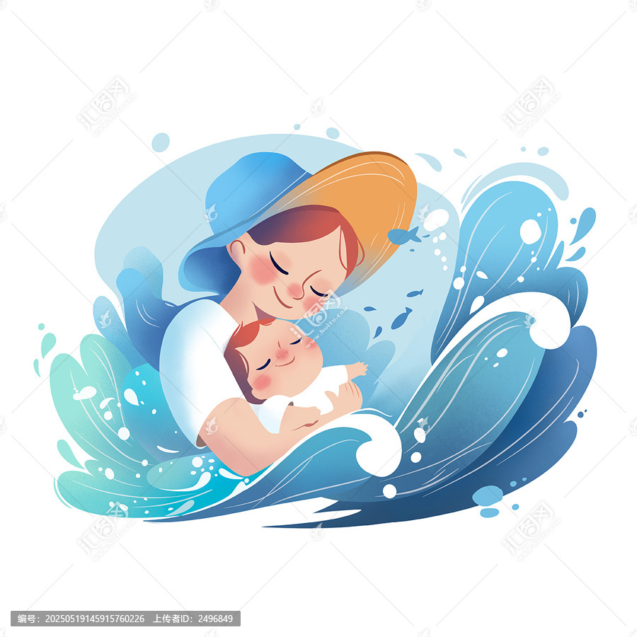 海浪中母親溫柔抱娃場景