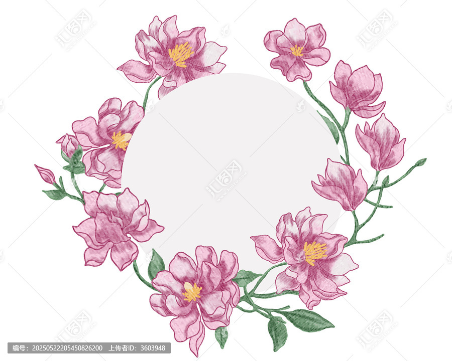 手繪粉色花朵圓形矢量花環(huán)