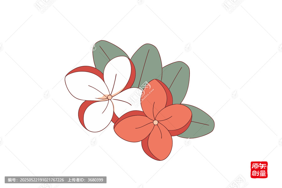 手繪紅白花卉綠葉圖案