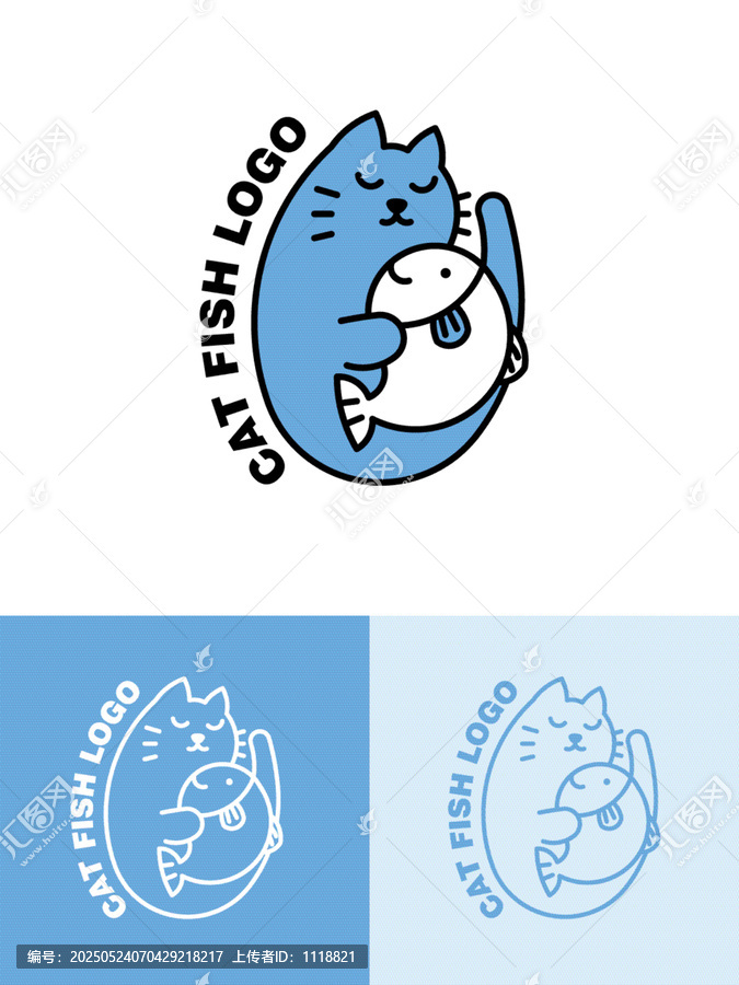 貓卡通LOGO貓魚標(biāo)志可愛溫馨貓抱著魚