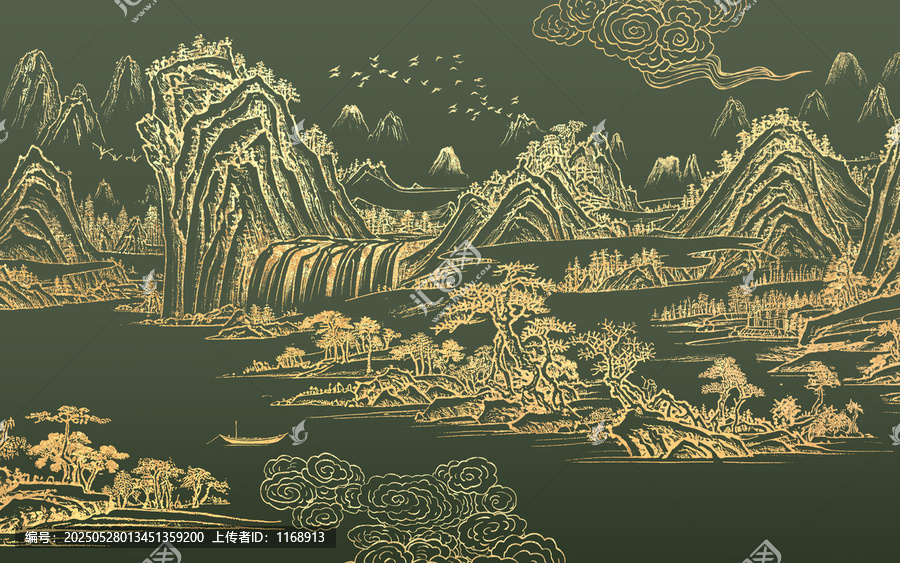 中式手繪刺繡山水畫背景