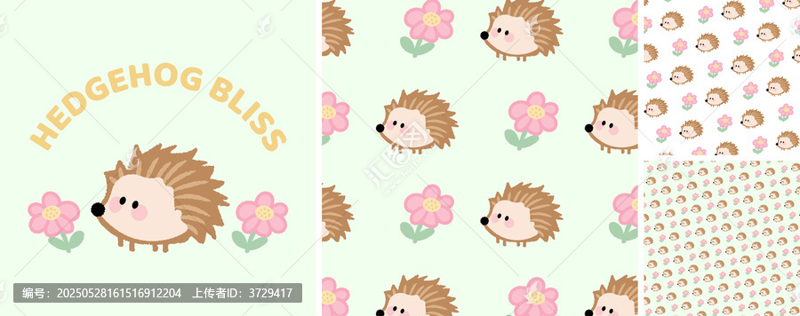 可愛刺猬花卉圖案素材