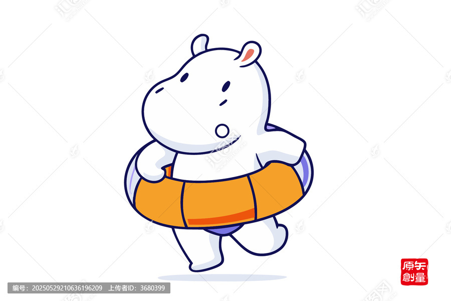 戴游泳圈奔跑的可愛小河馬