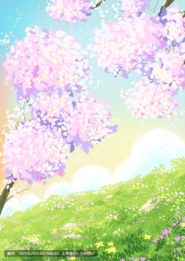 春日爛漫櫻花草地美景治愈插畫