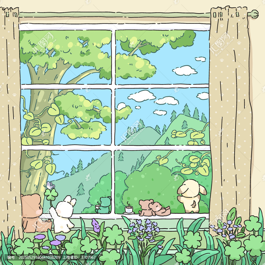 窗邊小動(dòng)物賞景可愛治愈系插畫