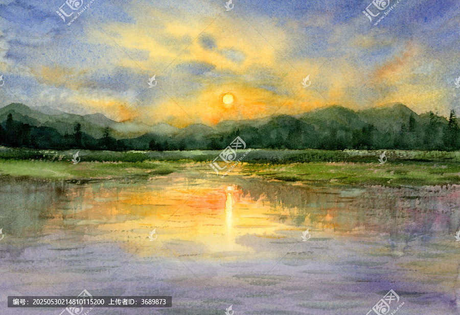 水彩繪就的湖畔日落美景