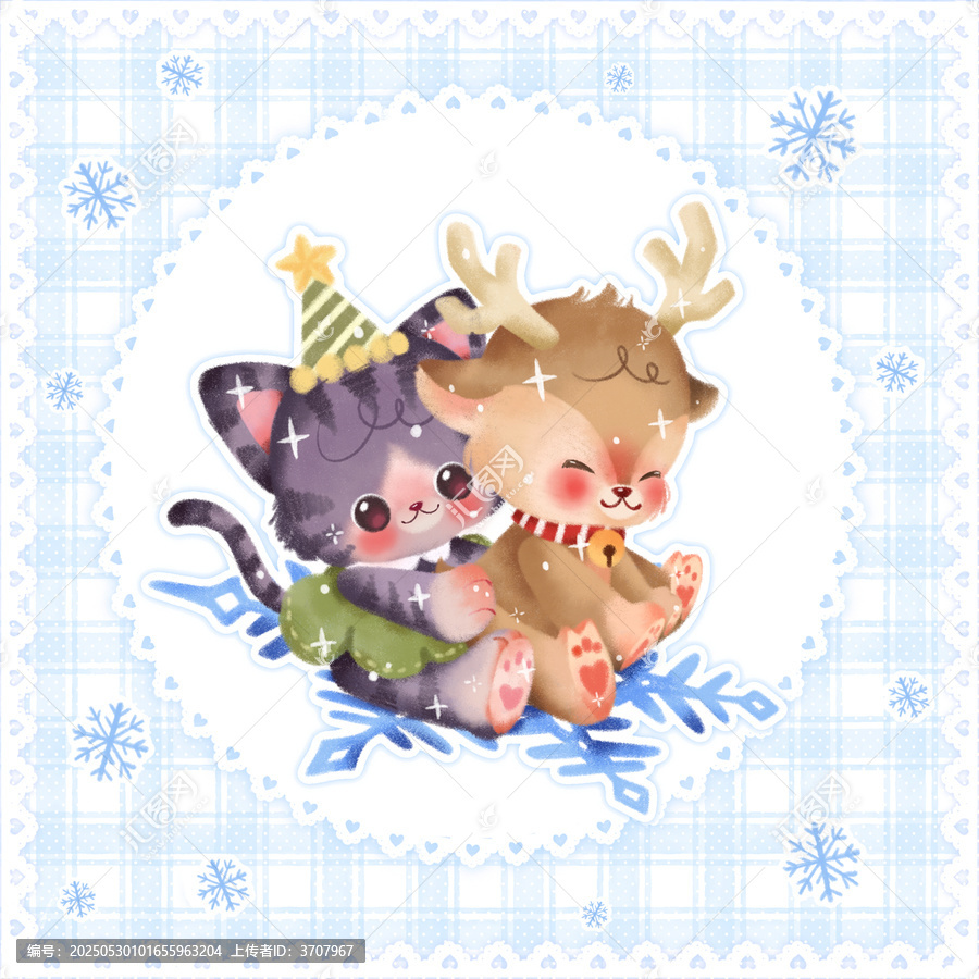 可愛貓咪小鹿冬日滑雪插畫