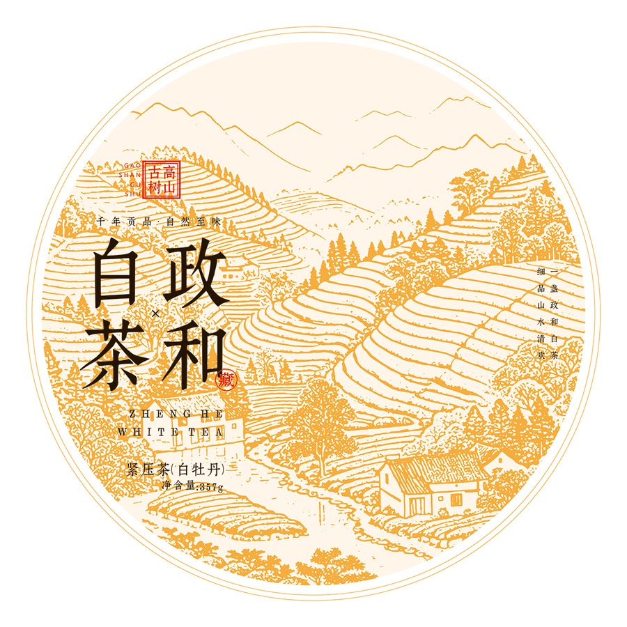 政和白茶餅包裝棉紙設計模板茶山紋理矢量圖