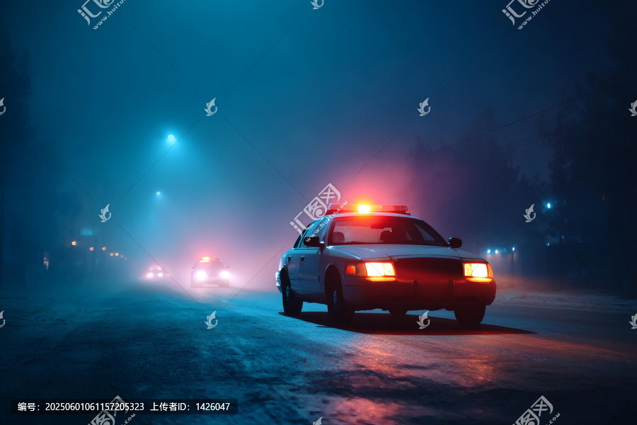 夜幕下的霧中警車