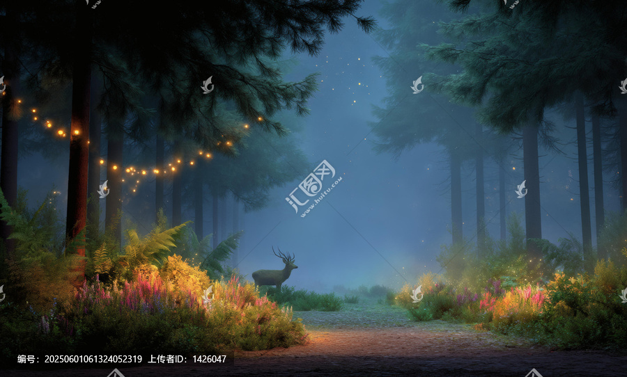 夜晚迷幻森林小徑與鹿