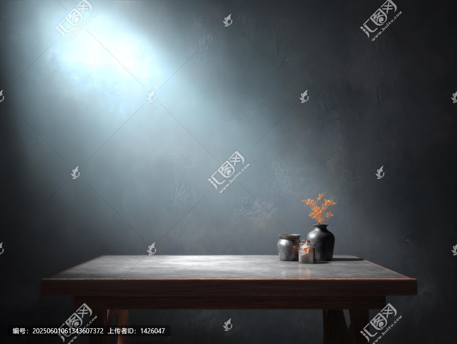 暗室燈光下的空桌擺設(shè)