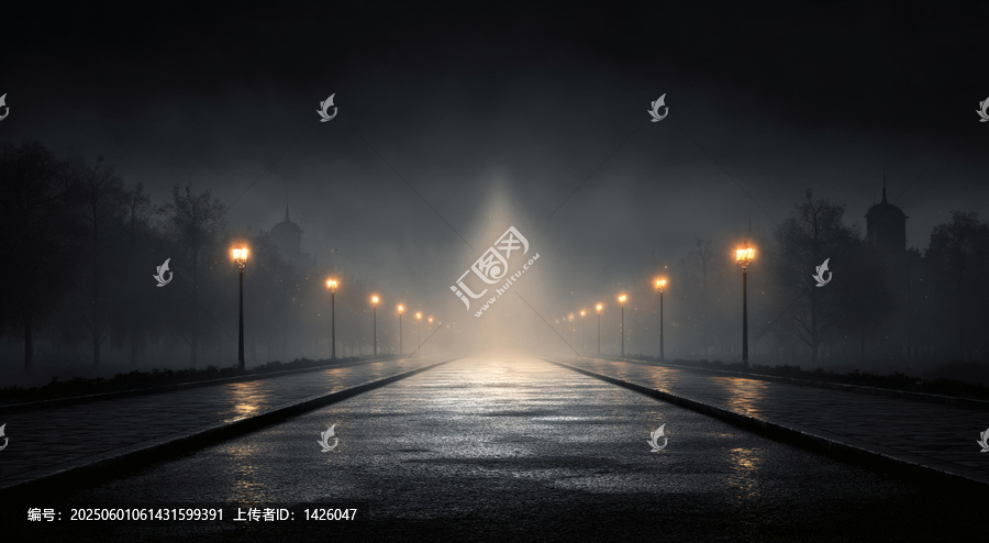 神秘迷霧的夜晚林蔭小路