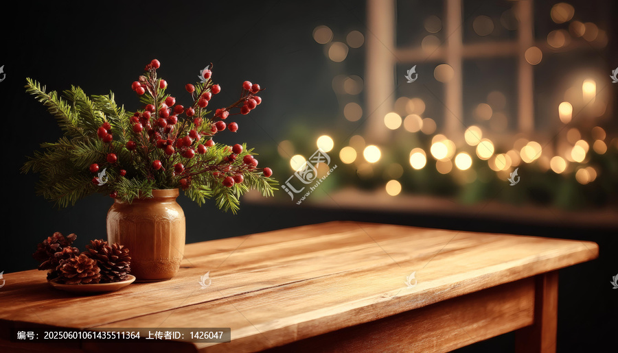 木質(zhì)桌面上圣誕裝飾背景虛化