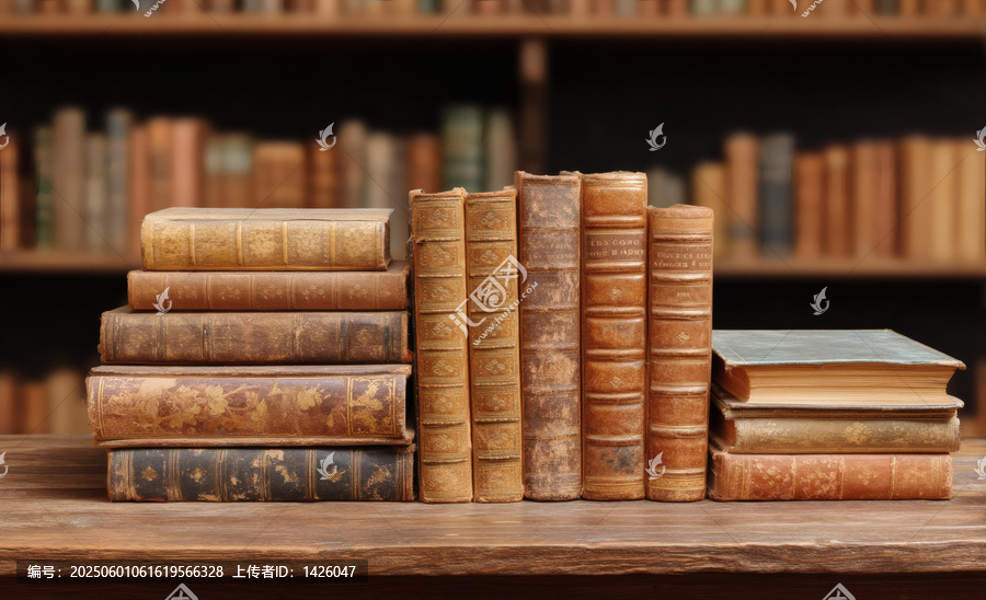 圖書館內(nèi)木桌上擺放的舊書