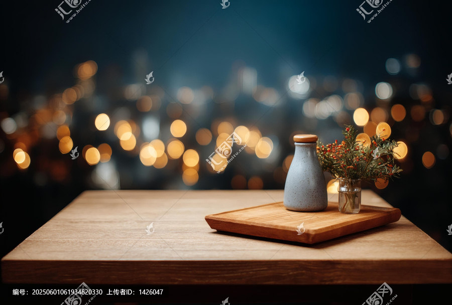 寧靜的木質(zhì)桌面上精致陶器和節(jié)日裝飾