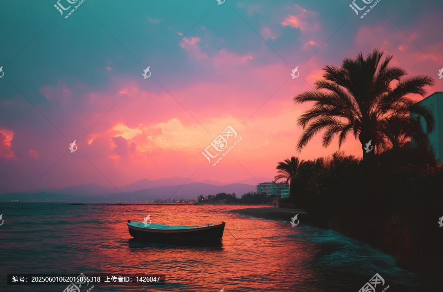 夕陽下的海灘小船