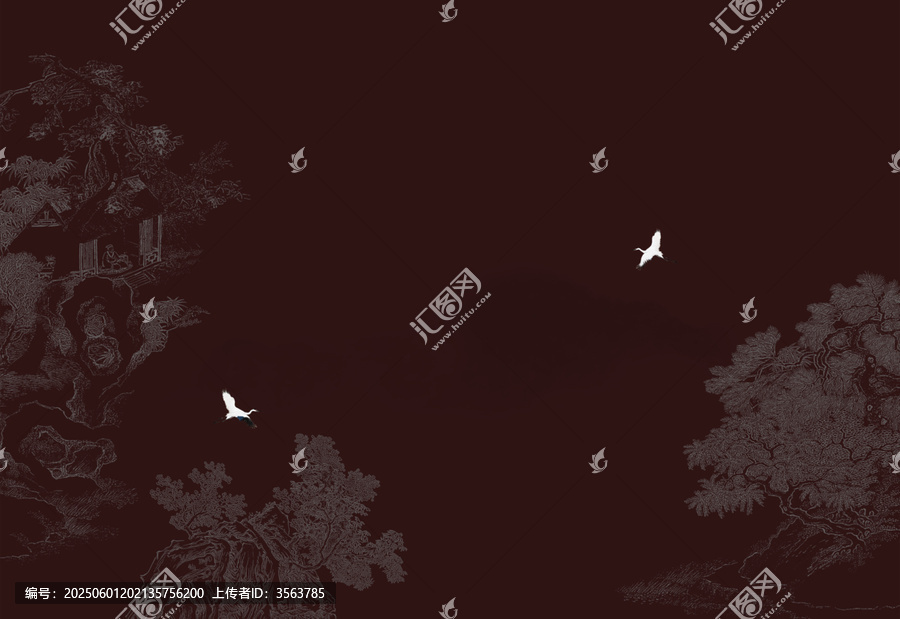 工筆線描山水白鶴瑞鶴墻畫背景