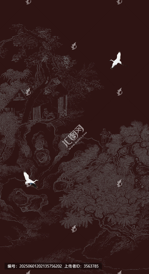 中式玄關(guān)工筆線描山水白鶴瑞鶴圖掛畫