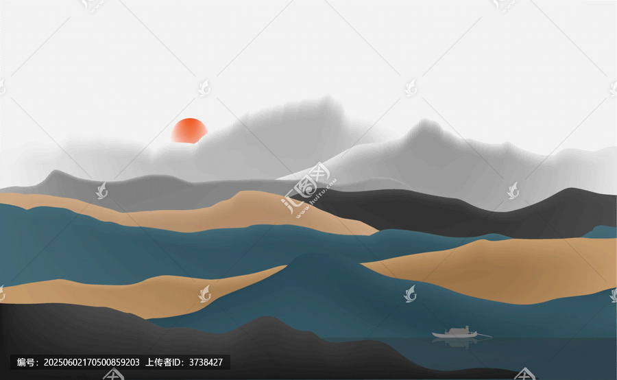 水墨風(fēng)山水落日孤舟圖