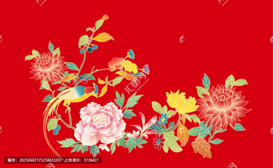 中式紅底花鳥花卉圖案