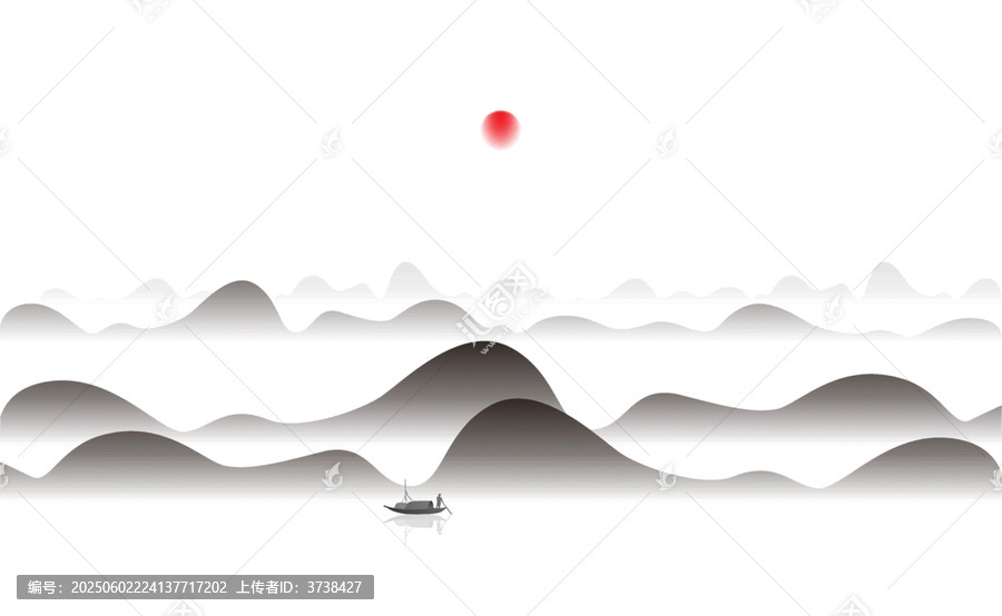 水墨山水間的孤舟紅日