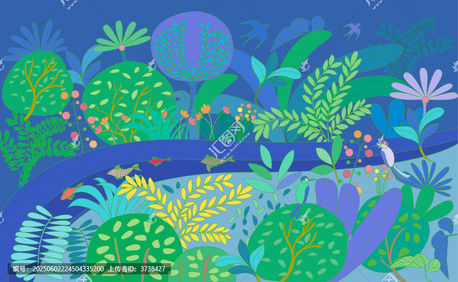 夢幻的森林河流植物圖景