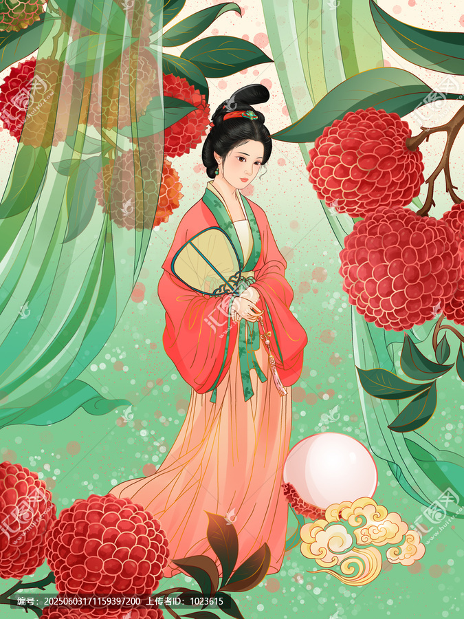 古風(fēng)楊貴妃子笑荔枝水果包裝插畫