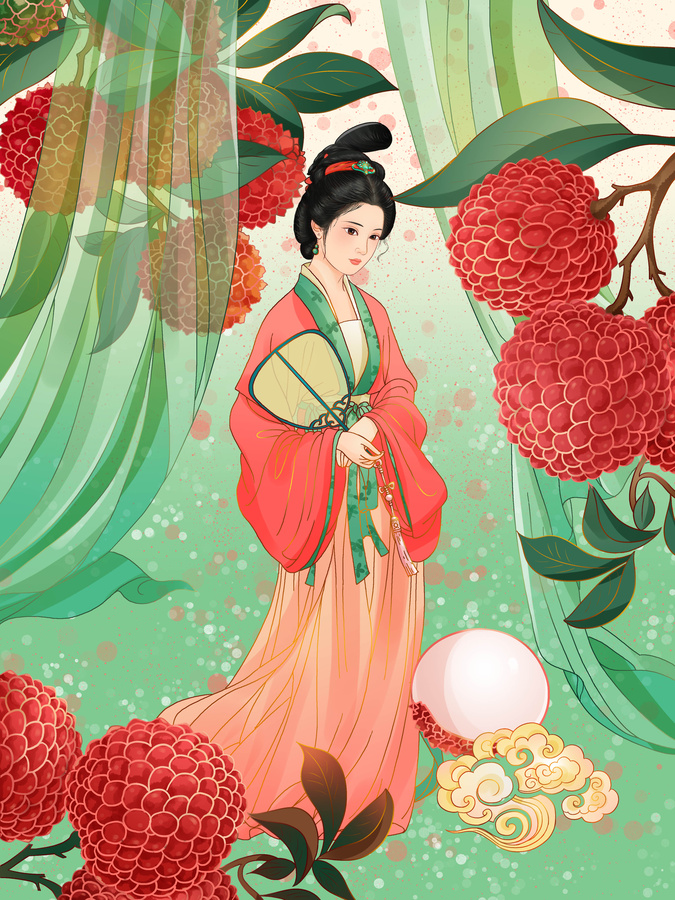 古風(fēng)楊貴妃子笑荔枝水果包裝插畫