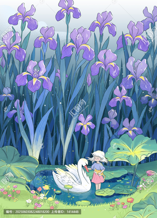 夏天小清新唯美紫色鳶尾女孩天鵝插畫