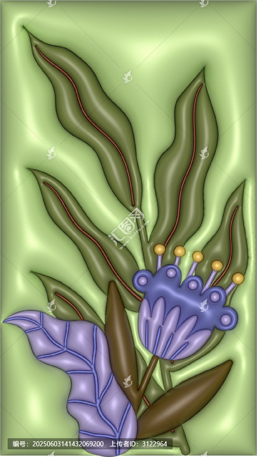 立體膨脹夢(mèng)幻紫色花卉綠葉插畫