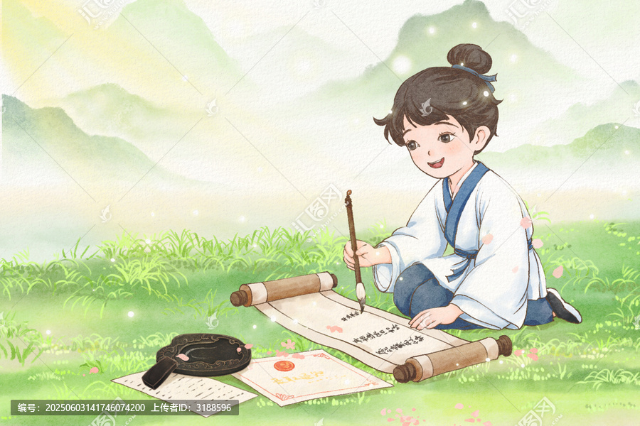 古風(fēng)少年草地?fù)]毫?xí)鴮? title=