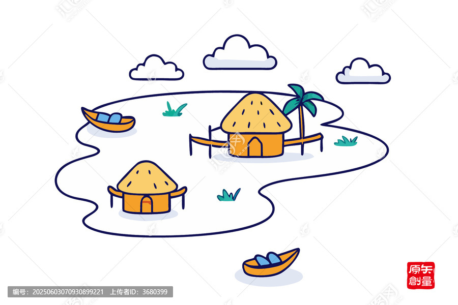 海邊小屋與船只插畫