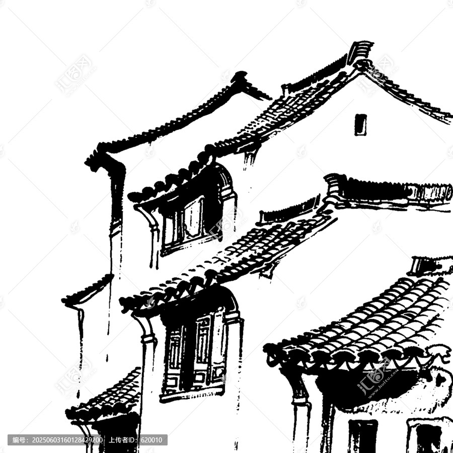 中式傳統(tǒng)建筑黑白線(xiàn)描圖水墨江南屋檐矢量圖