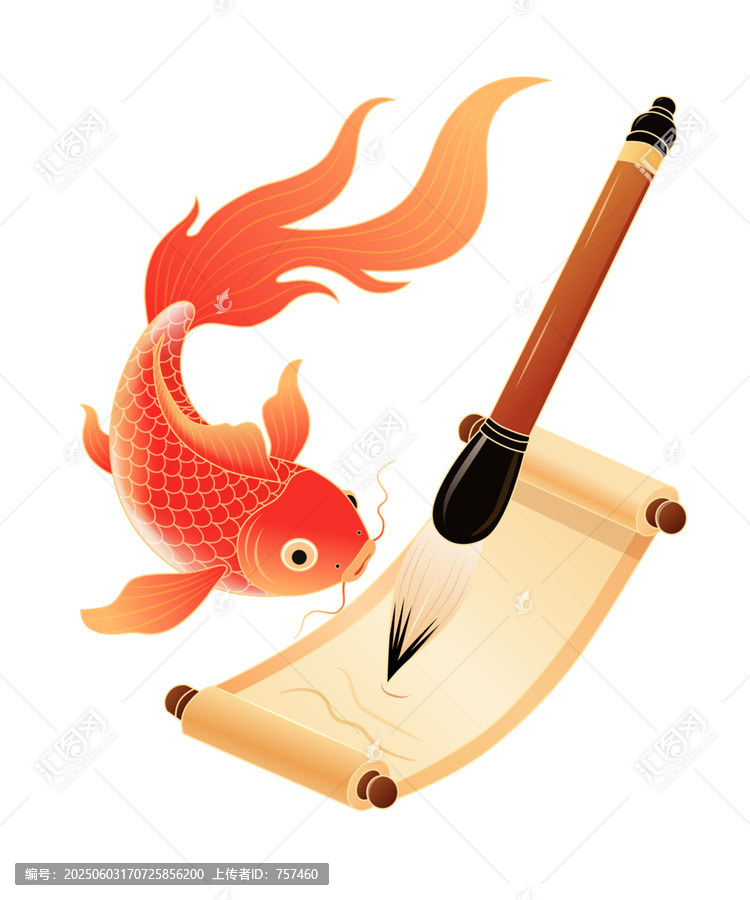 毛筆卷軸和錦鯉的組合插畫