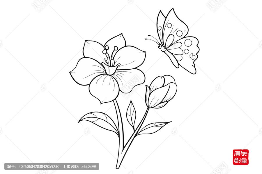 蝴蝶與花朵黑白線稿圖
