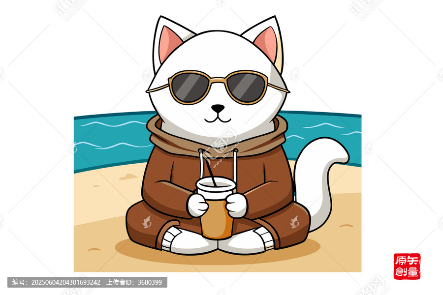 戴墨鏡在海邊喝飲料的貓咪