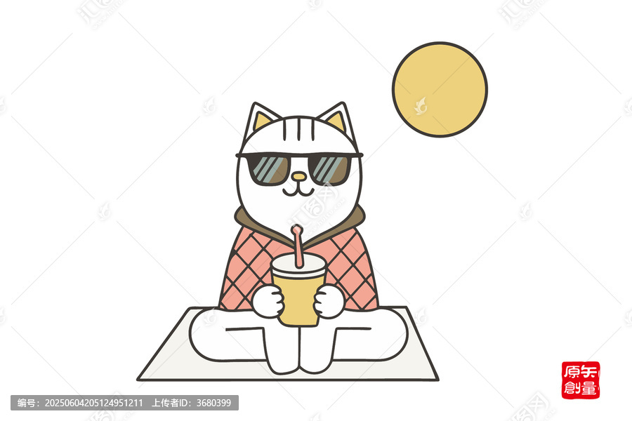 戴墨鏡愜意喝飲料的貓咪