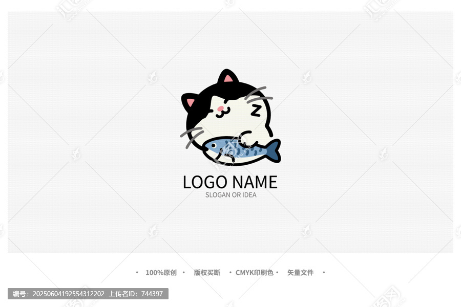 可愛貓咪抱魚卡通標(biāo)志