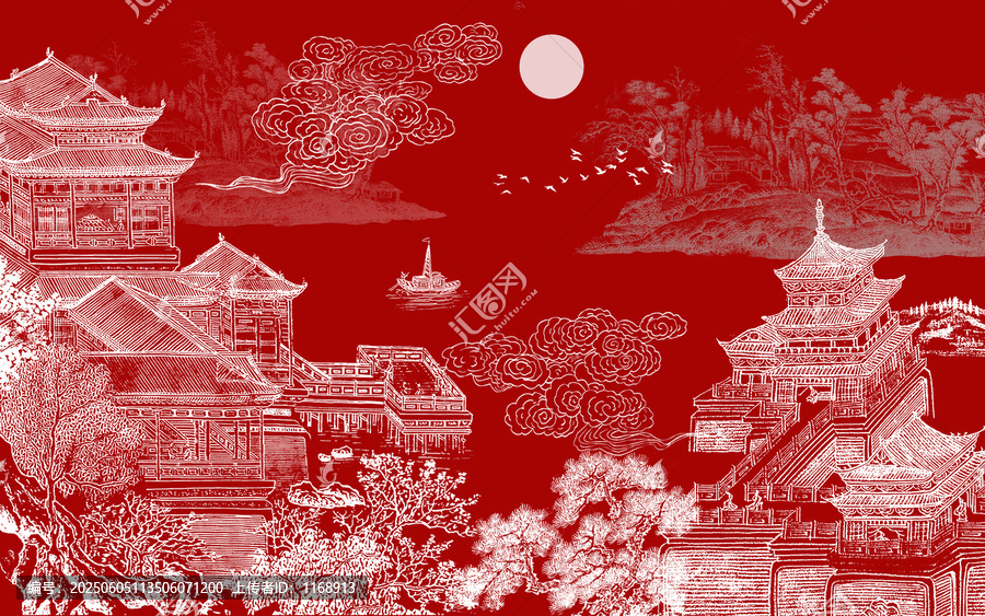 新中式山水樓閣刺繡背景