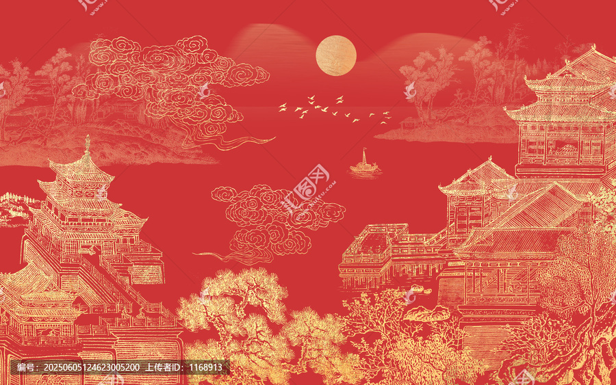 輕奢金線山水刺繡背景壁畫
