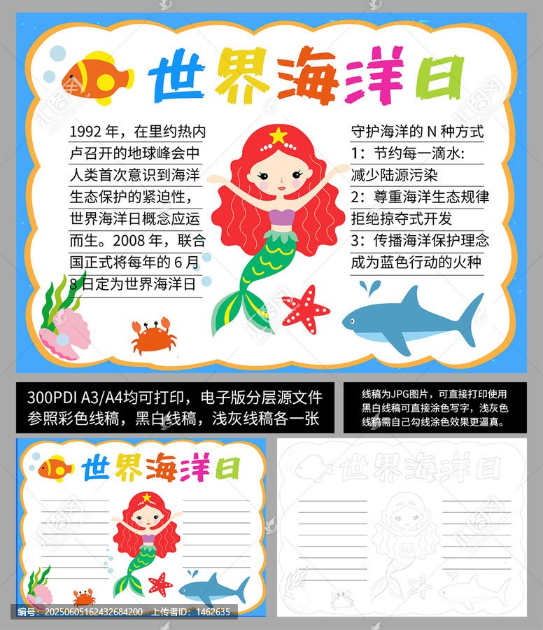 世界海洋日手抄報(bào)電子小報(bào)線稿模板