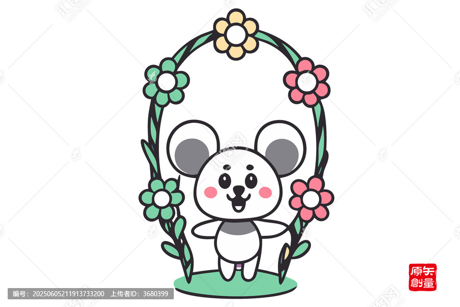 可愛熊貓與花卉卡通形象