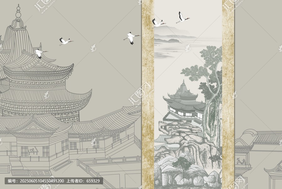 高端新中式閣樓山水背景墻