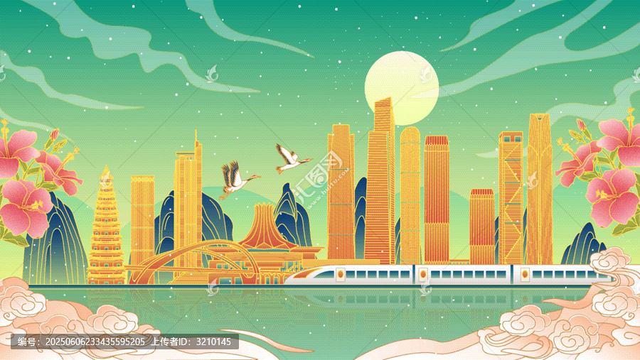 南寧國(guó)潮風(fēng)城市建筑矢量插畫