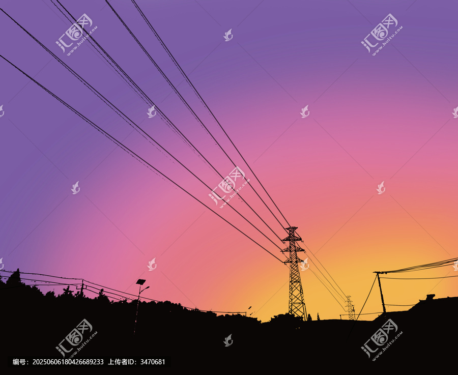 夕陽下的輸電塔與電線