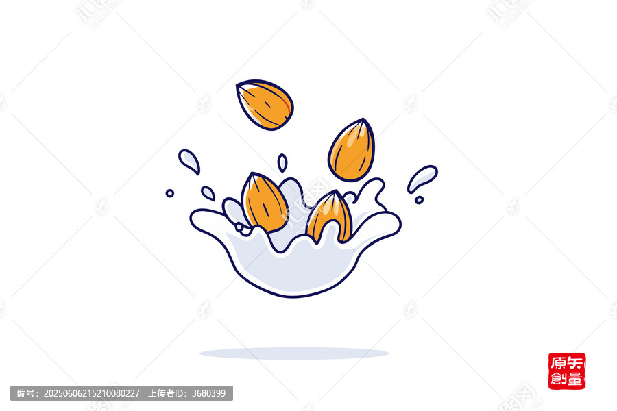杏仁濺入牛奶的清新插畫